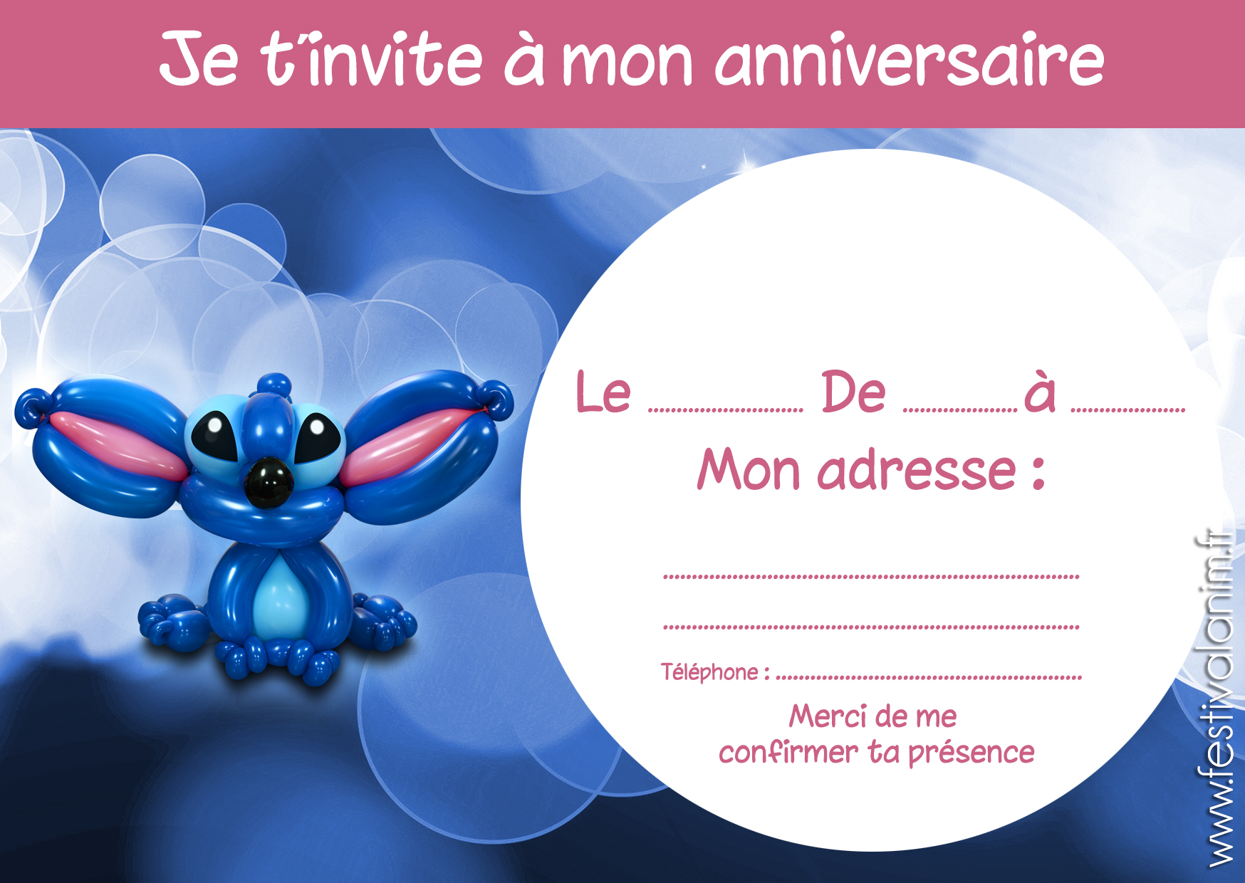 Invitation Stitch - Carton d'invitation - Fête d'enfants - Anniversaire